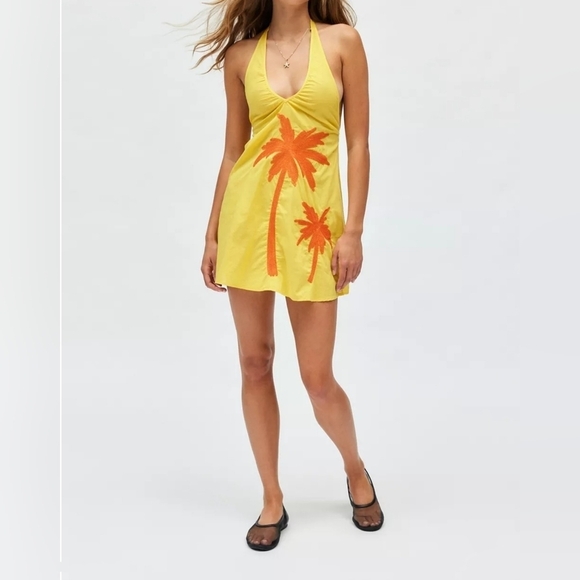 Kimchi Blue Ava Embroidered Halter Mini Dress Swim Coverup, Yellow Orange Palm S - Picture 5 of 15